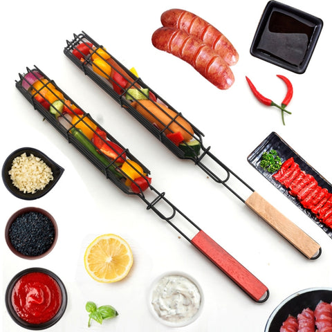 2 PCS Hot Dog Barbecue Cage Sausage Barbecue Clip Barbecue Clip Mesh Wooden Handle Barbecue Mesh Rack, Wood color, Red