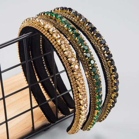 Multi-layer Glass Rhinestones Headband Full Rhinestones Gold Velvet Hairband, Green, Black, Coffee