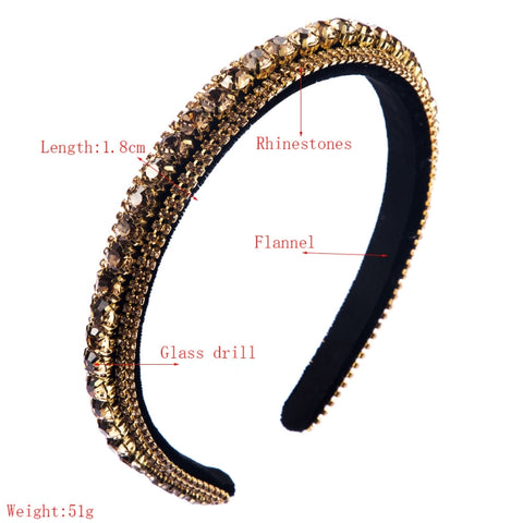 Multi-layer Glass Rhinestones Headband Full Rhinestones Gold Velvet Hairband, Green, Black, Coffee