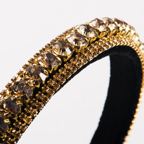 Multi-layer Glass Rhinestones Headband Full Rhinestones Gold Velvet Hairband, Green, Black, Coffee