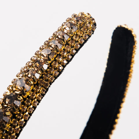 Multi-layer Glass Rhinestones Headband Full Rhinestones Gold Velvet Hairband, Green, Black, Coffee