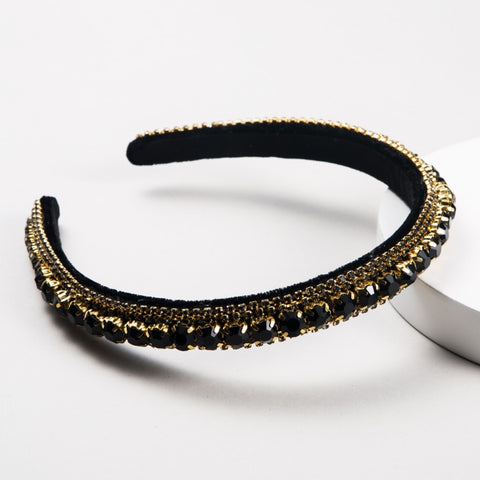 Multi-layer Glass Rhinestones Headband Full Rhinestones Gold Velvet Hairband, Green, Black, Coffee