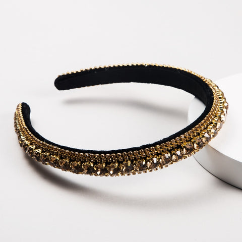 Multi-layer Glass Rhinestones Headband Full Rhinestones Gold Velvet Hairband, Green, Black, Coffee