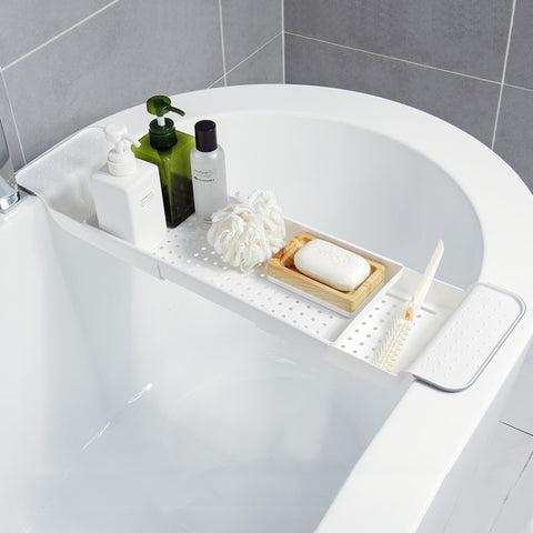 Retractable Drain Bathtub Rack Bathroom Plastic Soaking Tub Rack Bathtub Shower Storage Rack, White+Gray
