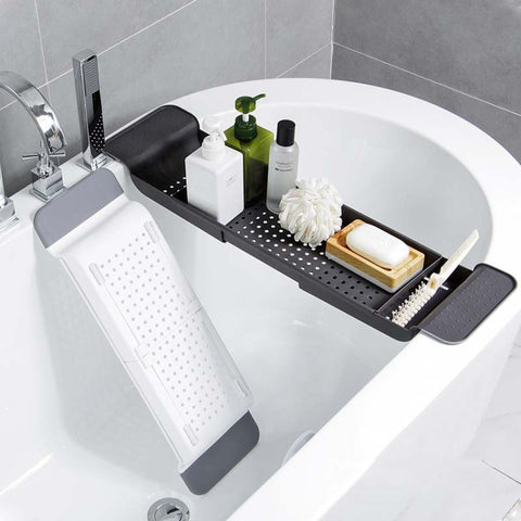 Retractable Drain Bathtub Rack Bathroom Plastic Soaking Tub Rack Bathtub Shower Storage Rack, White+Gray