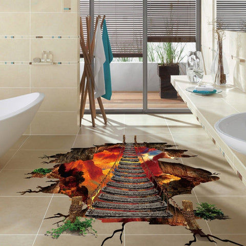 3D Flame Mountain Cable Bridge PVC Removable Floor Stickers, 3D Flame Mountain Cable Bridge
