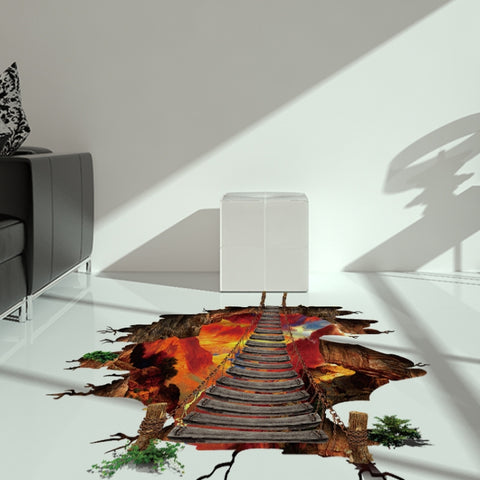 3D Flame Mountain Cable Bridge PVC Removable Floor Stickers, 3D Flame Mountain Cable Bridge