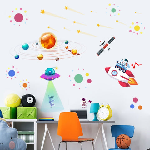 Cartoon Solar System UFO Astronaut Wall Sticker, UFO Astronaut