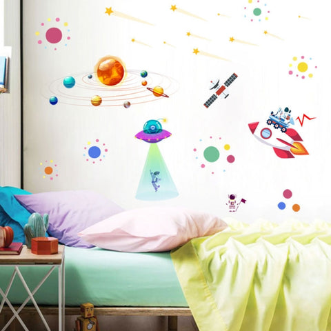Cartoon Solar System UFO Astronaut Wall Sticker, UFO Astronaut