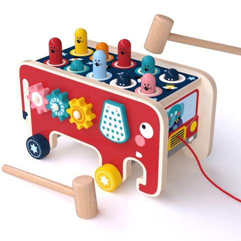 Baby Percussion Wooden Elephant Drag Cart Hitting Hamster Children Educational Toys, Red Elephant