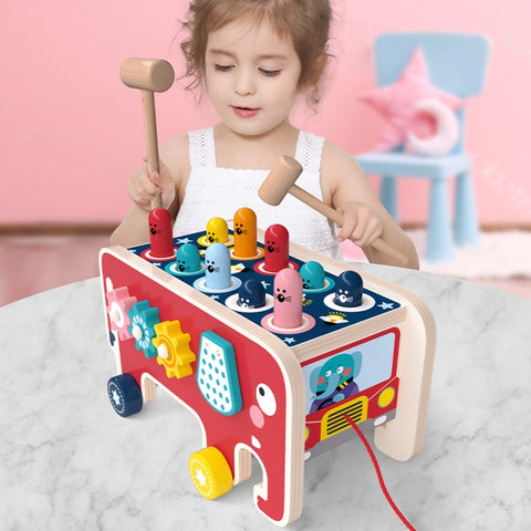 Baby Percussion Wooden Elephant Drag Cart Hitting Hamster Children Educational Toys, Red Elephant