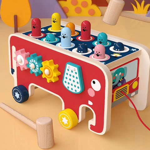 Baby Percussion Wooden Elephant Drag Cart Hitting Hamster Children Educational Toys, Red Elephant