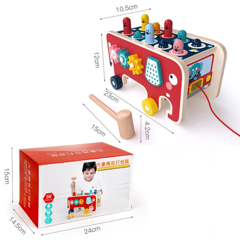 Baby Percussion Wooden Elephant Drag Cart Hitting Hamster Children Educational Toys, Red Elephant