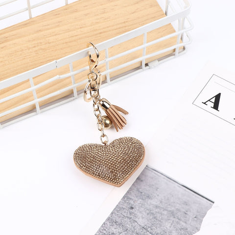 Heart Keychain Leather Tassel Gold Key Holder Metal Crystal Key Chain Keyring Charm Bag Auto Pendant Gift, purple, green, dark blue, lake blue, silver white, watermelon red, light blue, orange, black white, magenta, black gray, yellow, light red, red  ...