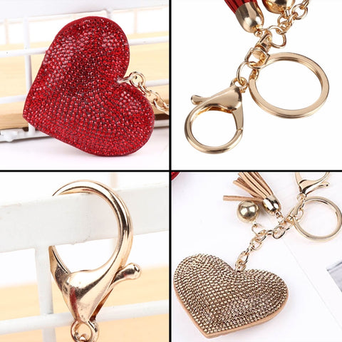 Heart Keychain Leather Tassel Gold Key Holder Metal Crystal Key Chain Keyring Charm Bag Auto Pendant Gift, purple, green, dark blue, lake blue, silver white, watermelon red, light blue, orange, black white, magenta, black gray, yellow, light red, red  ...