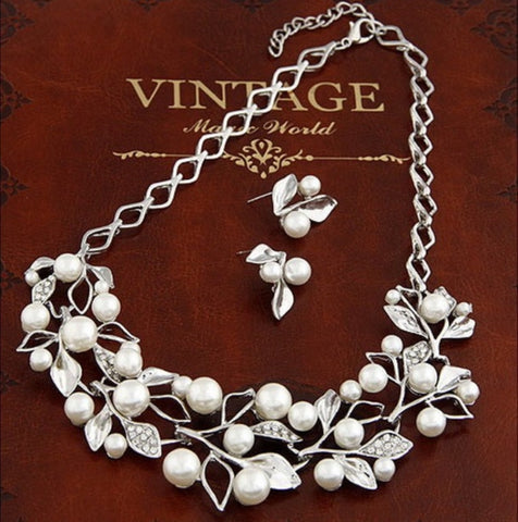 Leaf Crystal Simulated Pearl Wedding Jewelry Necklaces Earrings Sets, Gold, Silver
