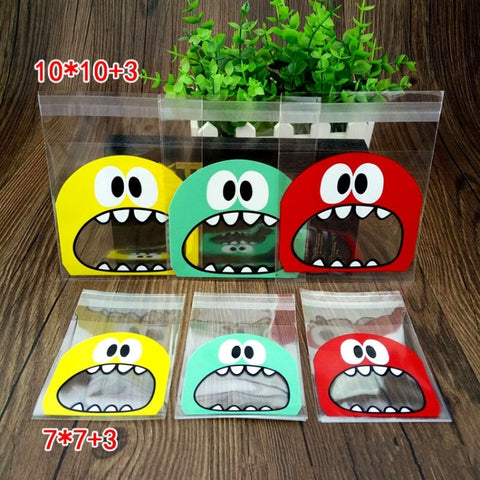 100 PCS Cute Big Teech Mouth Monster Plastic Bag Wedding Birthday Cookie Candy Gift OPP Packaging Bags, 7x7cm, 10x10cm
