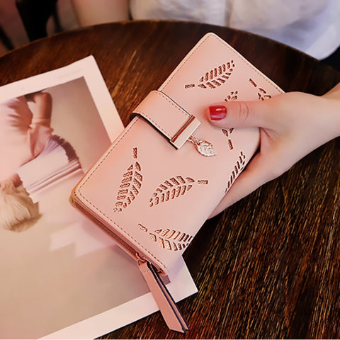 Long Gold Hollow Leaves Coin Purse Card Holders Wallet for Women