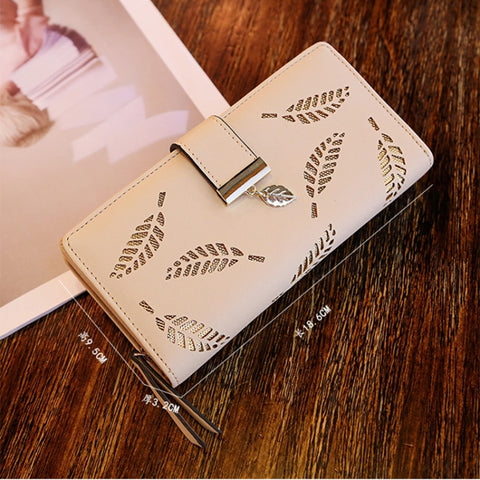 Long Gold Hollow Leaves Coin Purse Card Holders Wallet for Women