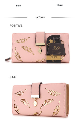 Long Gold Hollow Leaves Coin Purse Card Holders Wallet for Women