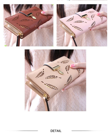 Long Gold Hollow Leaves Coin Purse Card Holders Wallet for Women