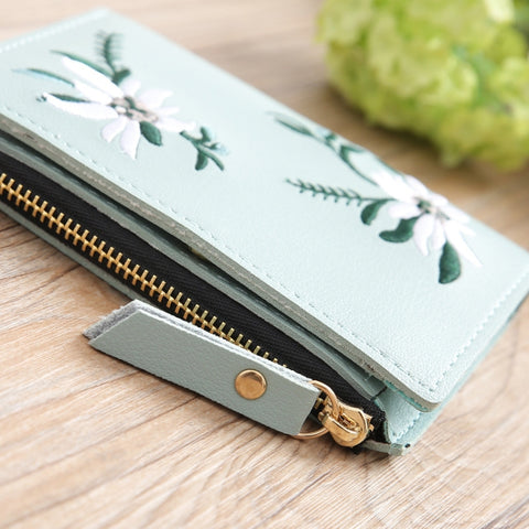 Embroidery Short Wallet PU Leather Wallets Female Floral Hasp Coin Purse Zipper Bag Card Holders