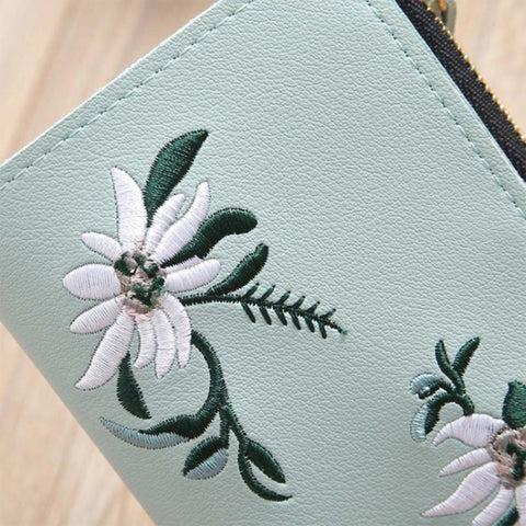 Embroidery Short Wallet PU Leather Wallets Female Floral Hasp Coin Purse Zipper Bag Card Holders