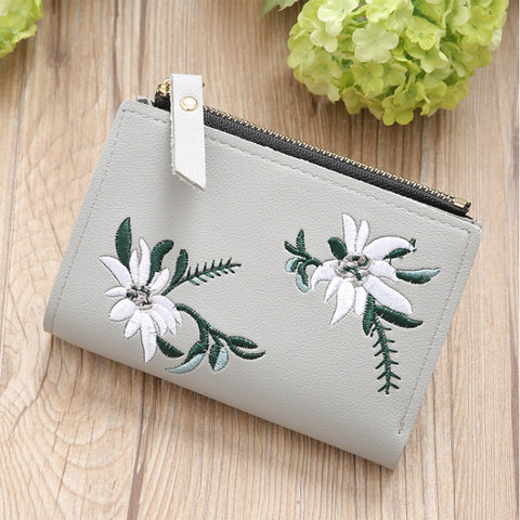 Embroidery Short Wallet PU Leather Wallets Female Floral Hasp Coin Purse Zipper Bag Card Holders