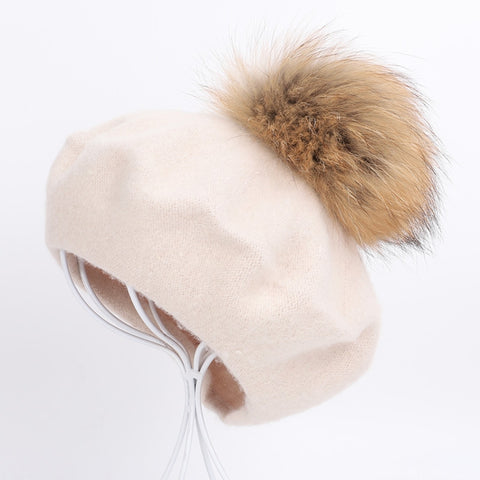Women Retro Plush Ball Beret Loose Cashmere Beanie Hat, One Size