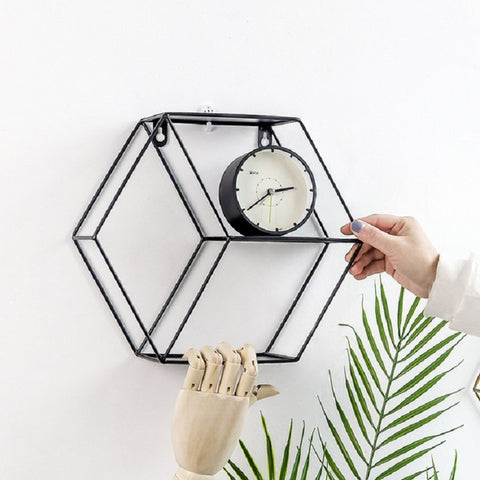 Hanging Wrought Iron Hexagonal Grid Wall Shelf Home Decoration