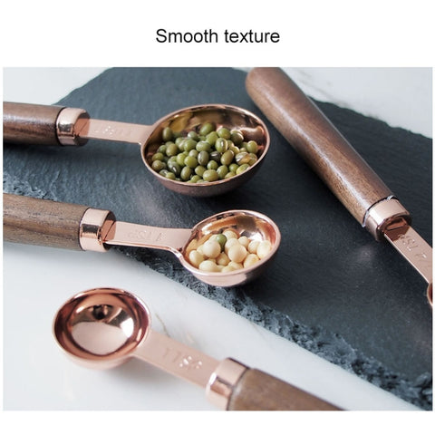 Walnut Handle Copper-Plated Kitchen Baking Tools Bartender Scale Measuring Set, 4 PCS / Set Measuring Spoon, 4 PCS / Set Measuring Cup