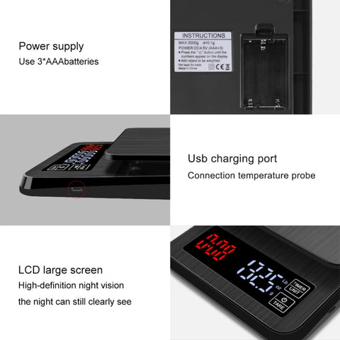 Household Hand-Pushed Coffee Scale USB-Powered Smart Kitchen Scale With Timing, 3kg/0.1g, 5kg/0.1g, 10kg/1g