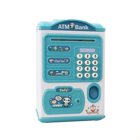Simulation Password Fingerprint Sensor Unlocking Money Box Automatic Roll Money Safe ATM Piggy Bank, Pink, Blue