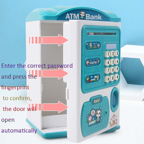 Simulation Password Fingerprint Sensor Unlocking Money Box Automatic Roll Money Safe ATM Piggy Bank, Pink, Blue