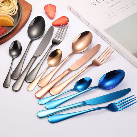 24 in 1 Stainless Steel Tableware Western Steak Cutlery Gift Set, Silver, Golden, Rose Gold, Rainbow Color, Black
