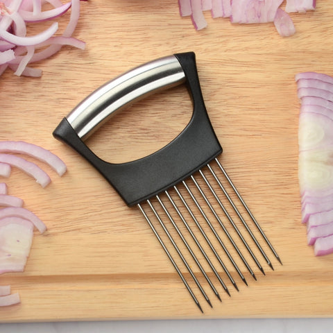 LsCook 304 Stainless Steel Onion Fork Holder Pin Kitchen Vegetable Slicing Aid, Black Silver