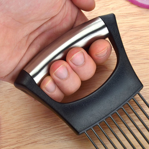 LsCook 304 Stainless Steel Onion Fork Holder Pin Kitchen Vegetable Slicing Aid, Black Silver