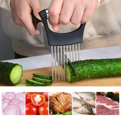 LsCook 304 Stainless Steel Onion Fork Holder Pin Kitchen Vegetable Slicing Aid, Black Silver