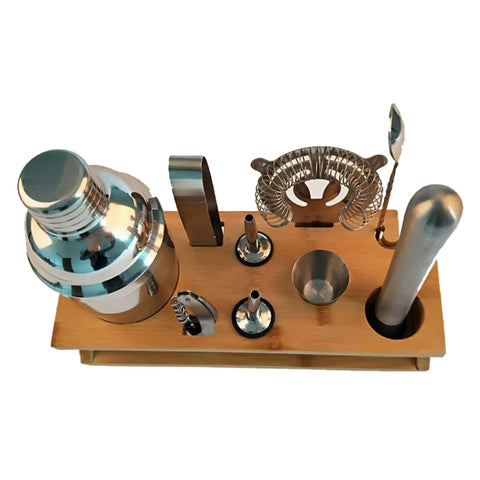 10 in 1 Stainless Steel Shaker Bamboo Stand Set Oblique Mouth Bar Cocktail Bartending Tool, 350ml, 550ml, 750ml