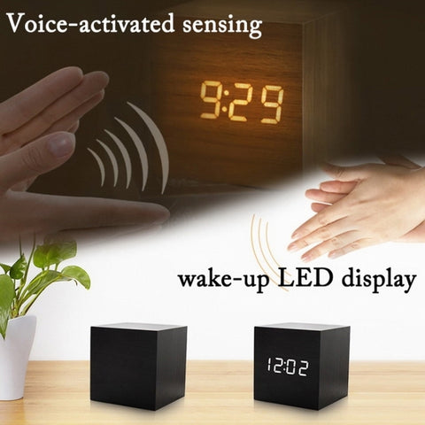Multicolor Sounds Control Wooden Clock Modern Digital LED Desk Alarm Clock Thermometer Timer, Black White, Black Red, Black Blue, Black Green, White Wood, White Red, White Blue, White Green, Wooden White, Wooden Red, Wooden Blue, Wooden Green, Red Wood