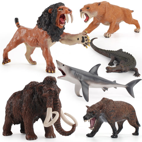 Children Science Education Cognition Simulation Ocean Wild Ancient Animal Model, Woolly Mammoth, Megalodon, Dire Wolf, Saber-toothed Tiger, Black Emperor Crocodile, Saber-toothed Lion, Ancient Animal Set