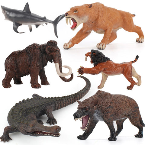 Children Science Education Cognition Simulation Ocean Wild Ancient Animal Model, Woolly Mammoth, Megalodon, Dire Wolf, Saber-toothed Tiger, Black Emperor Crocodile, Saber-toothed Lion, Ancient Animal Set