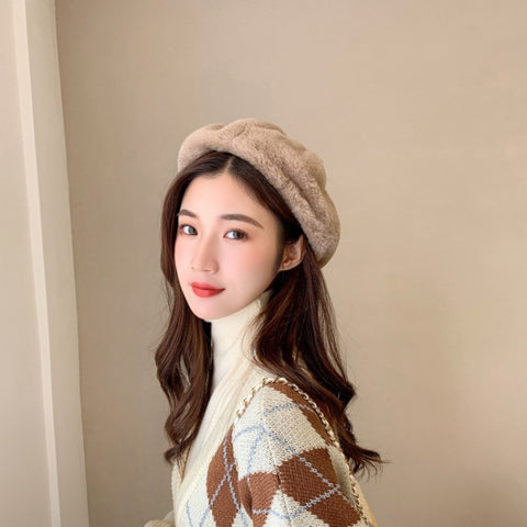 Autumn and Winter Beret Ladies Hats Plush Warmth Retro Painter Hat, Adjustable