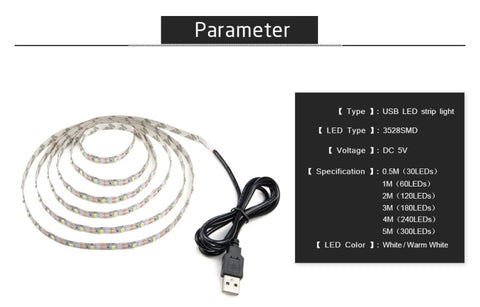 USB Power SMD 2835 Epoxy LED Strip Light Christmas Desk Decor Lamp for TV Background Lighting, 50cm, 1m, 2m, 3m, 4m, 5m
