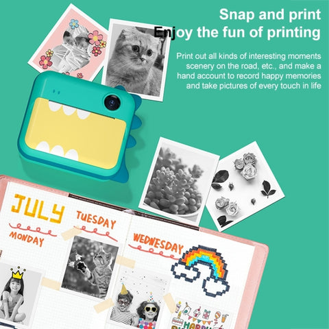 P1 No Card Children Instant Camera 1200W Front And Rear Dual-Lens Mini Print Photographic Digital Camera Toy(Green Dinosaur), Green Dinosaur No Card, Pink Cat No Card, Green Dinosaur 16GB, Pink Cat 16GB, Green Dinosaur 32GB, Pink Cat 32GB