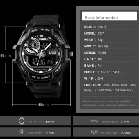 SKMEI 1357 Mens Multifunctional Sports Digital Watch Student Waterproof Watch, Red, Blue, Black