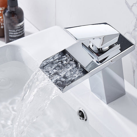 LED Three Lights Hot Cold Water Faucet Bathroom Waterfall Faucet CN Plug, Black, Electroplating Silver