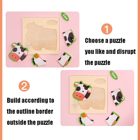 10 PCS Children Educational Animal Three-Dimensional Wooden Puzzle Toy, Panda, Tortoise, Police Car, Train, Fire Truck, Big Truck, Steamship, Owl, Cows, Rocket, Hot Air Balloon, Lion, Tiger, Elephant, Sea Lion, Crab, Aircraft, Pony, Goldfish, Bear