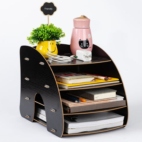 Office Supplies Curved Desktop A4 Storage Box Wooden File Rack Data Rack Shelf, Black, Oak, Sakuragi
