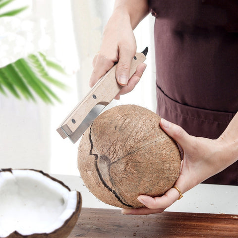 Multifunctional Stainless Steel Coconut Shell Opener With Wooden Handle Coconut Meat Knife Kitchen Gadgets, Coconut Shell Opener